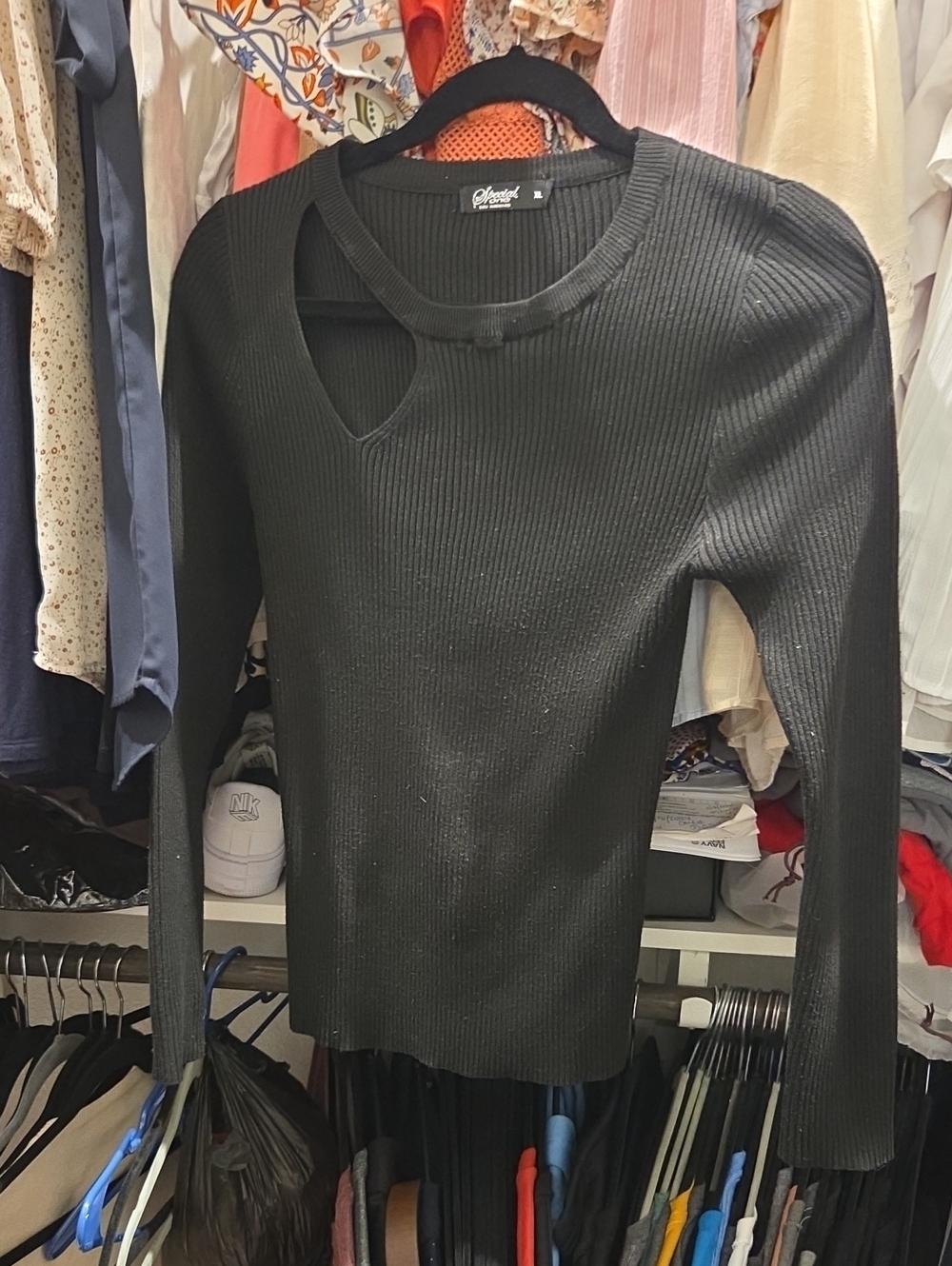 Black Ribbed Long-Sleeve Cutout Women's Top